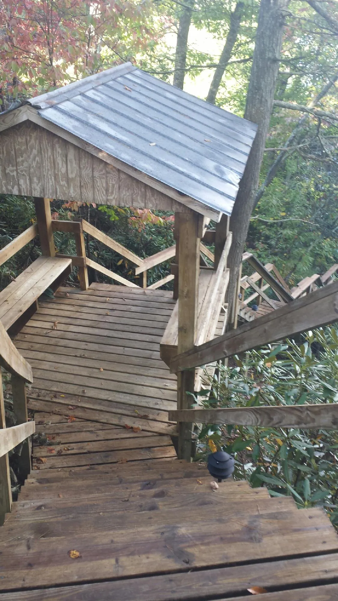 Metal roofed shelter over wooden steps on a wooded walkway — Skylight Repair & Installation work by our crew in Monona
